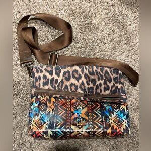 Leopard & Aztec Pattern Crossbody Bag - Brown